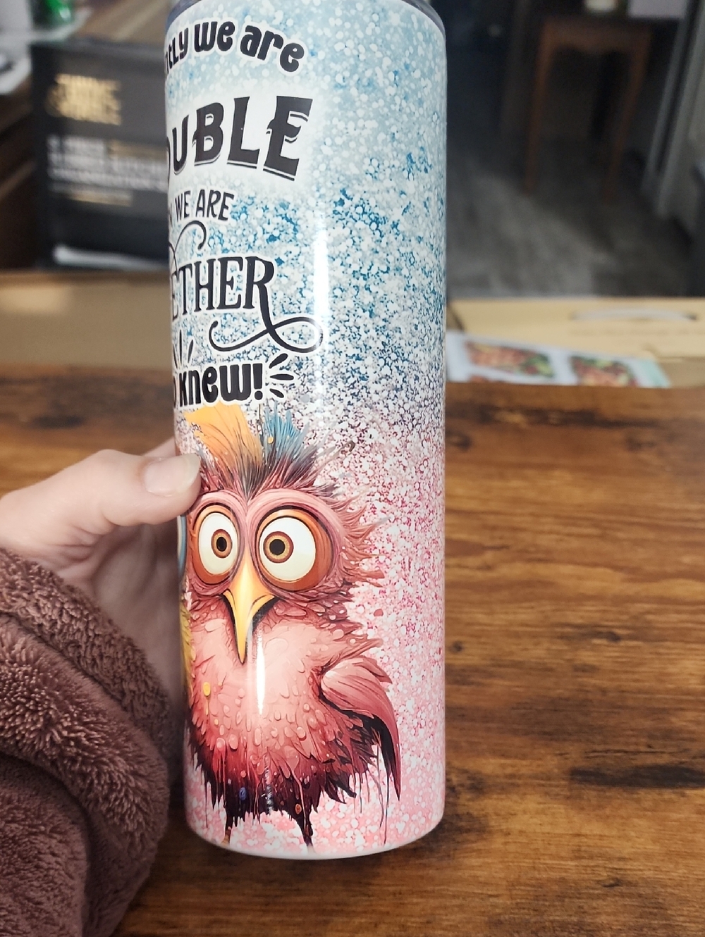 Trouble Together Owl Stainless Travel Tumbler - Blue, Yellow, Pink 20oz
